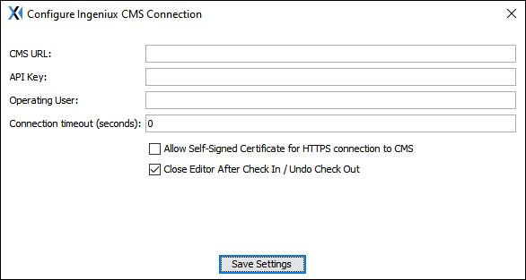 Configure Ingeniux CMS Connection Dialog