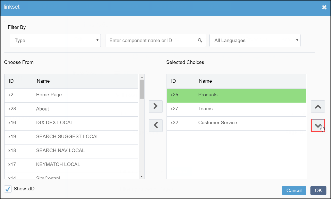LinkSet Dialog Reorder Links