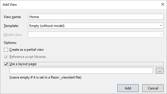 Add View Dialog in Visual Studio