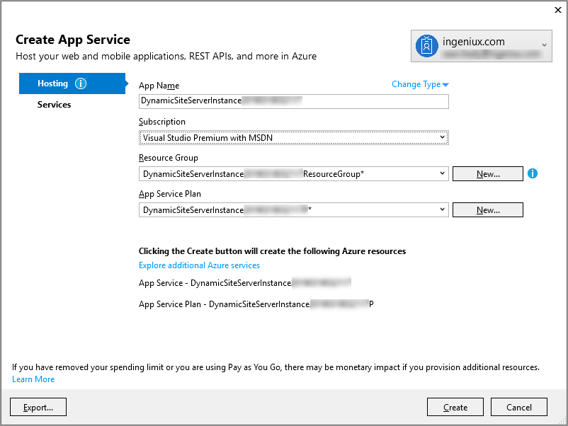 Create App Service Dialog