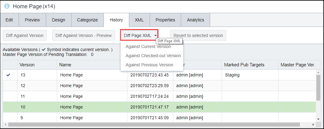 Diff Page XML Button