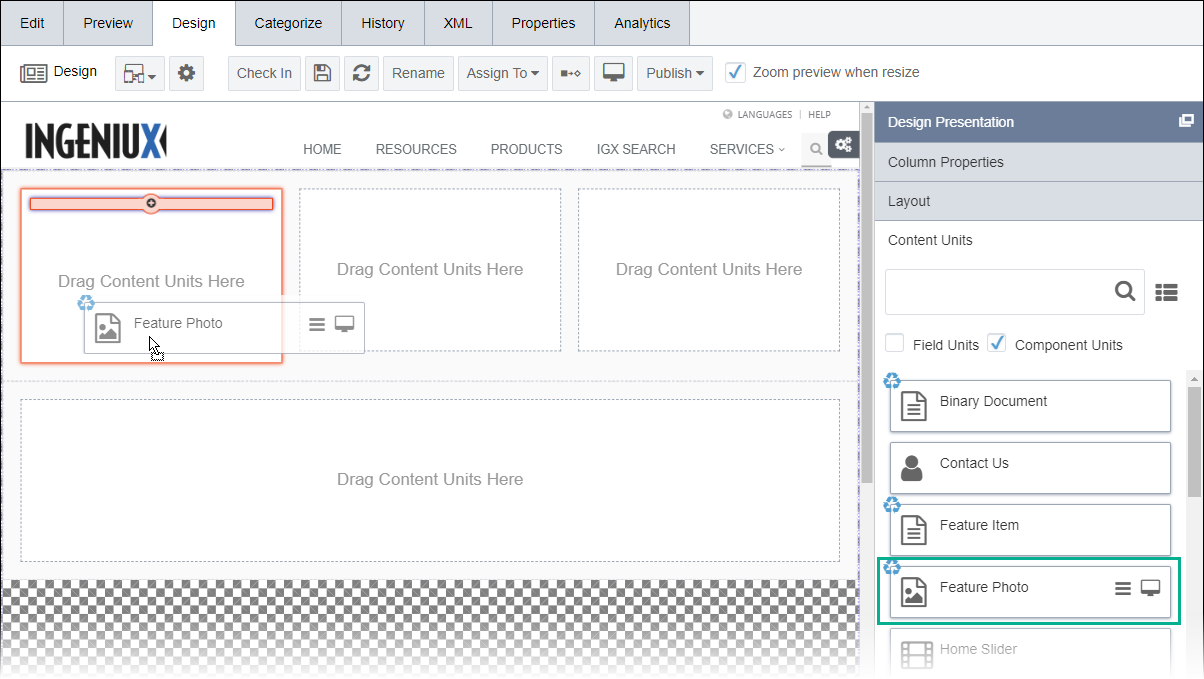 Drag Content Unit to Layout Column