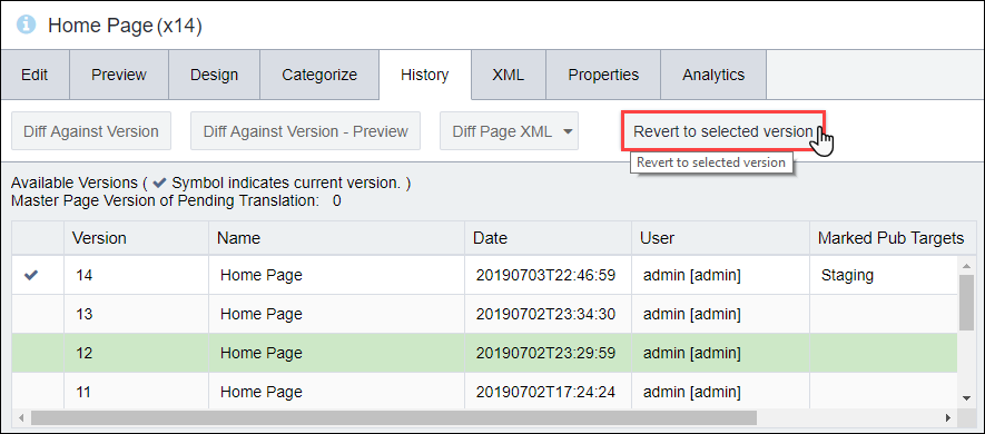 Reverting to Selected Versions