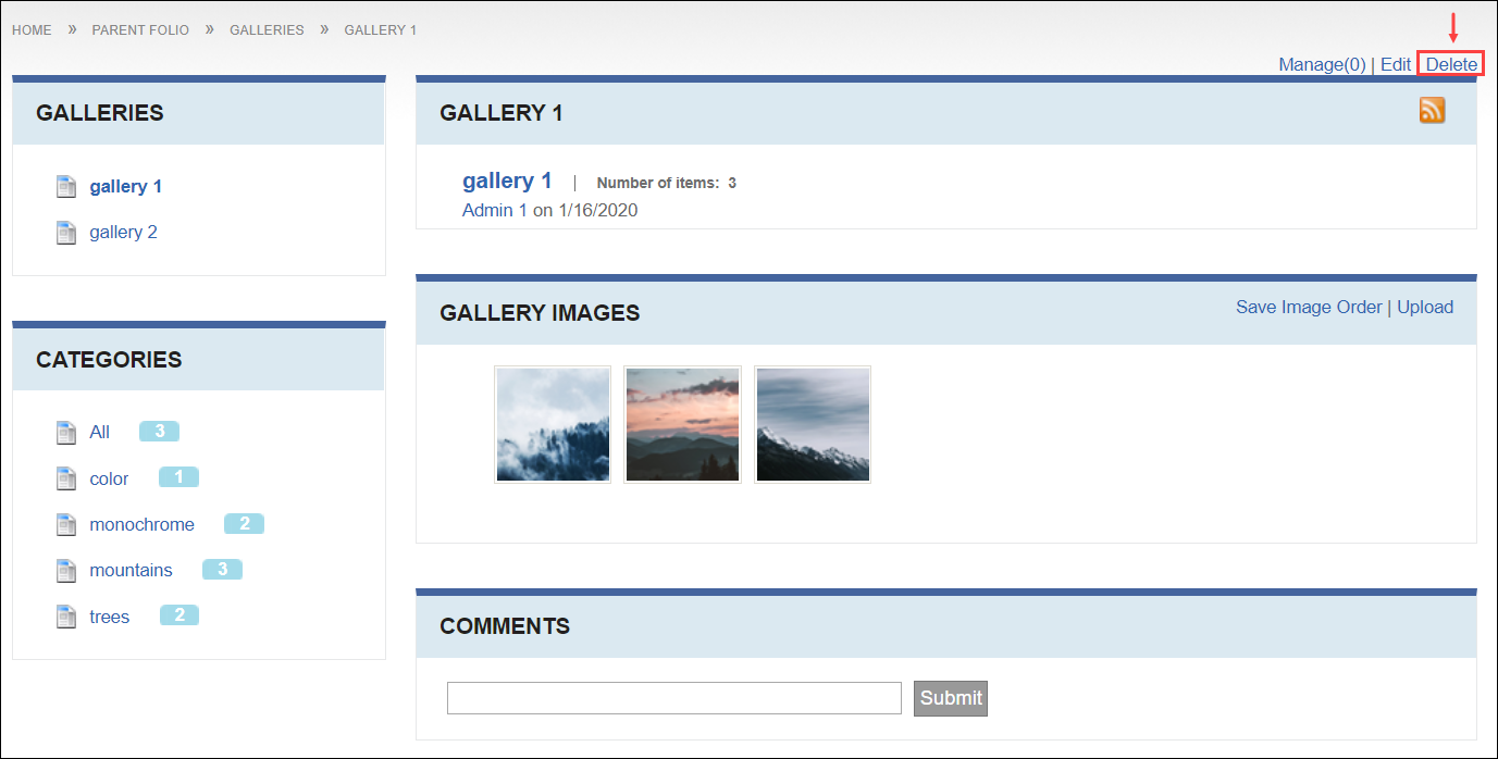 Delete Gallery via Galleries Module