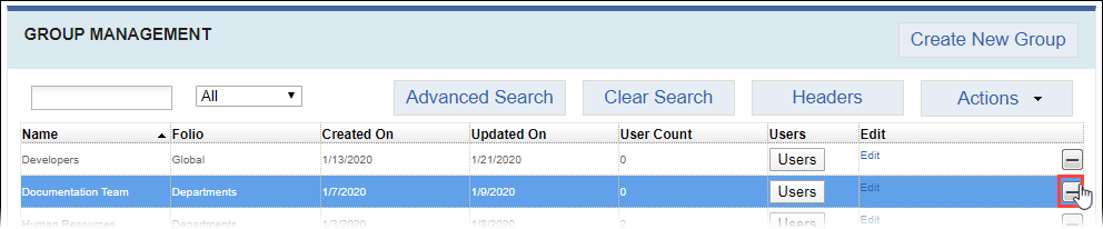 Delete Group via Table Icon Button