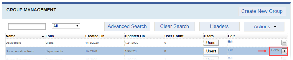 Delete Group via Table Delete Link