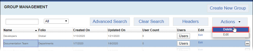 Delete Group via Actions Button