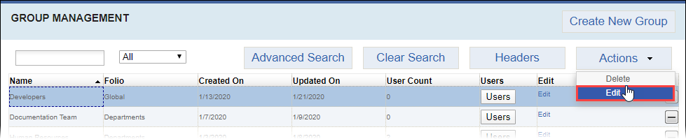 Edit Groups via Actions Button