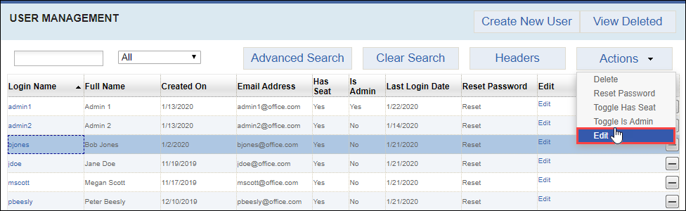 Edit User via Actions Button