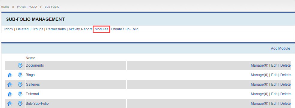 Modules Management View in a Folio