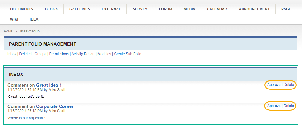 New Comments in Inbox for Approval