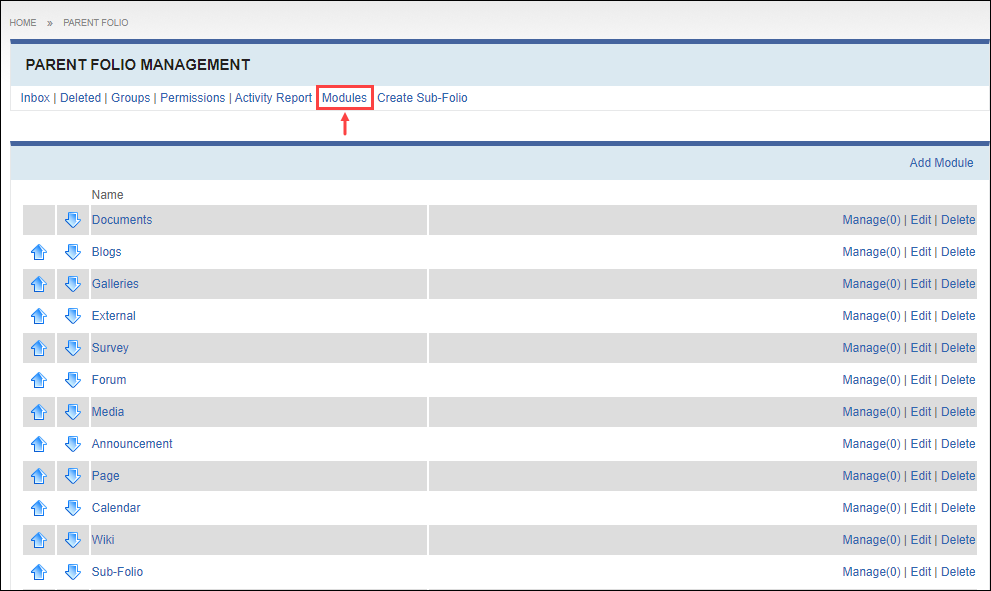 Modules Management View in a Folio