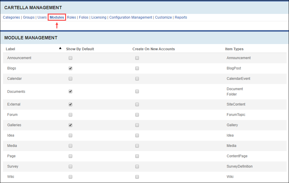 Modules View in Settings