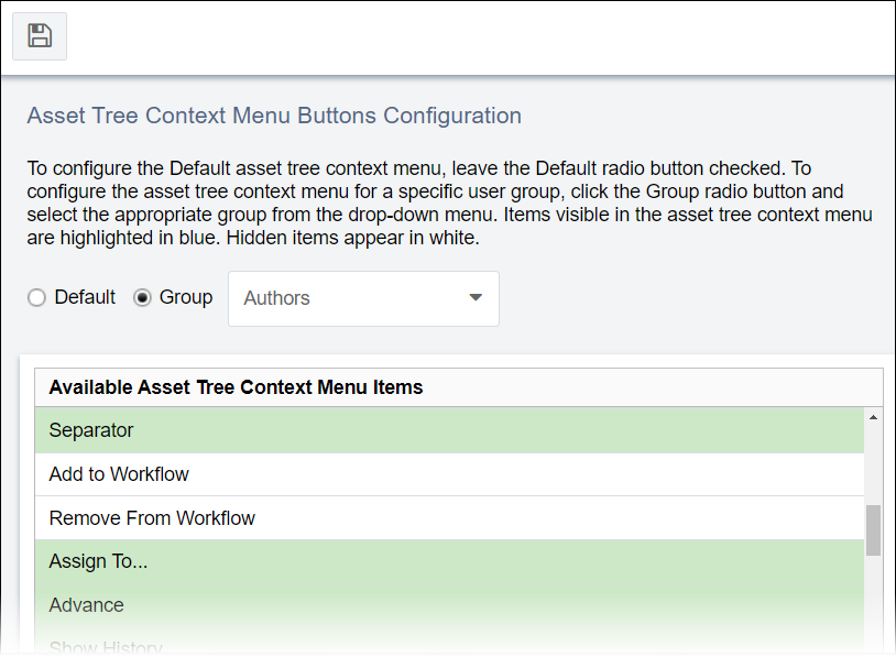 Assets Tree Context Menu Buttons Configuration