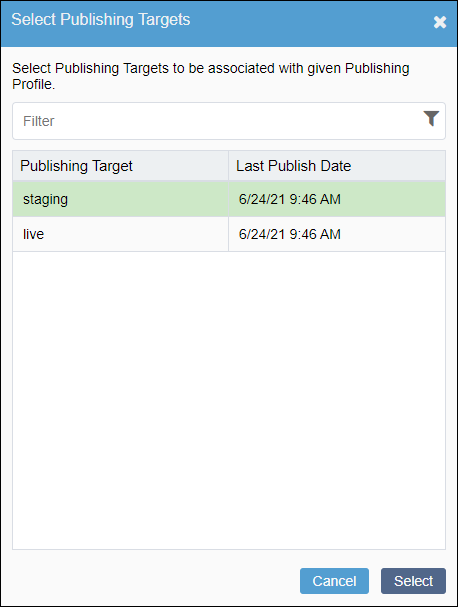 CMS 10.0-10.3 Select Publishing Targets Dialog