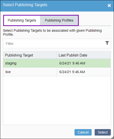 CMS 10.5 Select Publishing Target Dialog