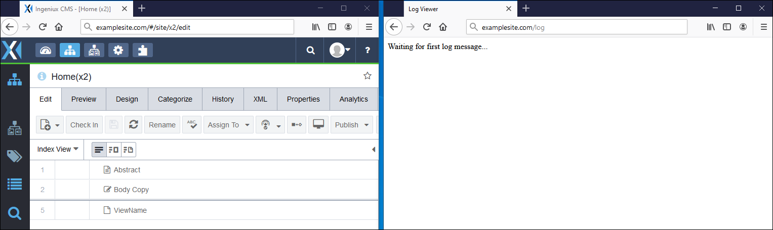 Live Log Viewer Feed Side-by-Side with Ingeniux CMS