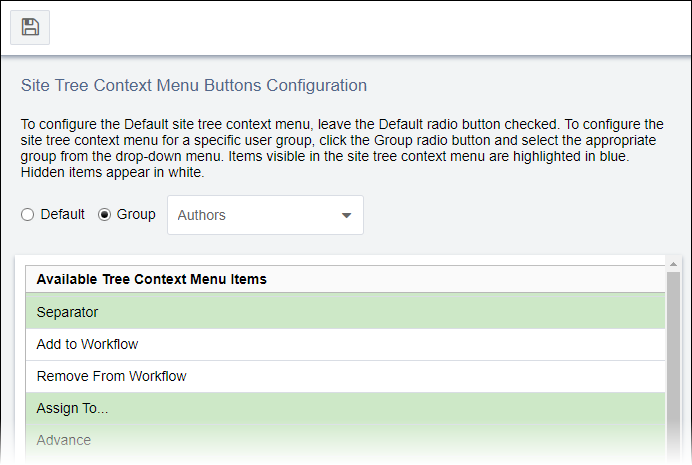 Site Tree Context Menu Buttons Configuration