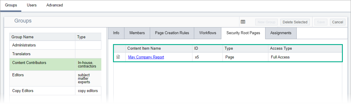 Security Root Pages per Group