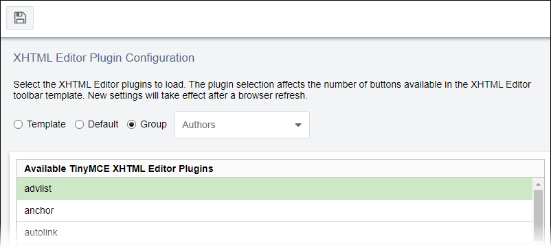XHTML Editor Plugin Configuration