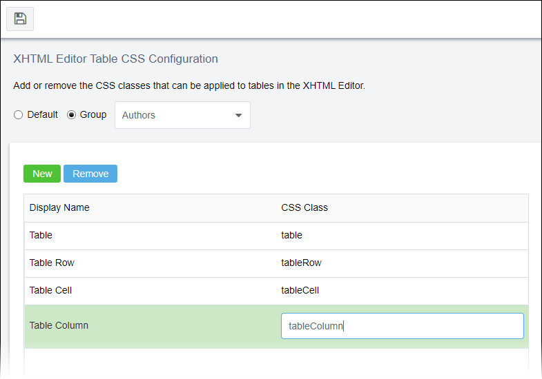 Enter Table Selector Display Name and CSS Class Name