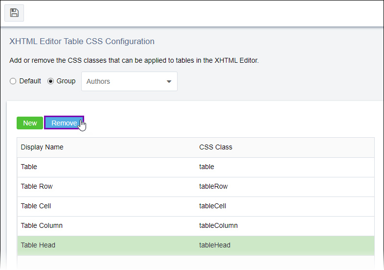 Remove XHTML Editor Table CSS Class