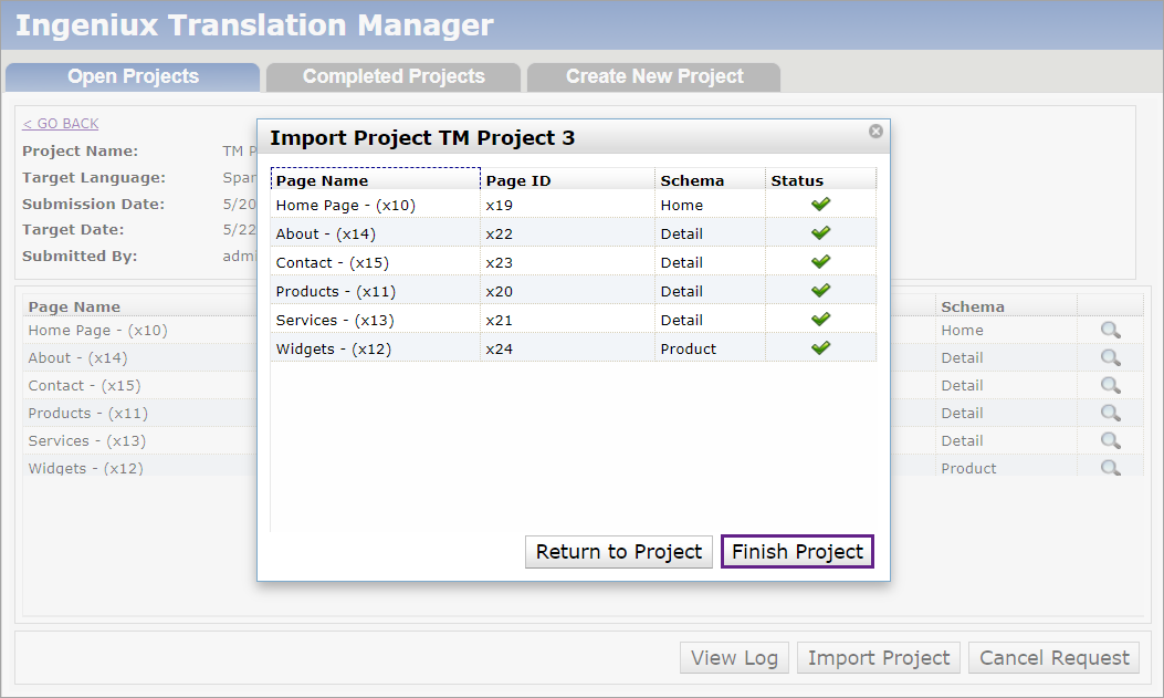 Verify Status Completion in Import Project Dialog