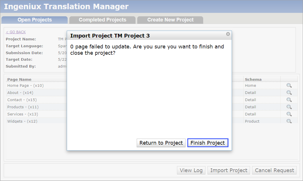 Verify Completion in Import Project Dialog