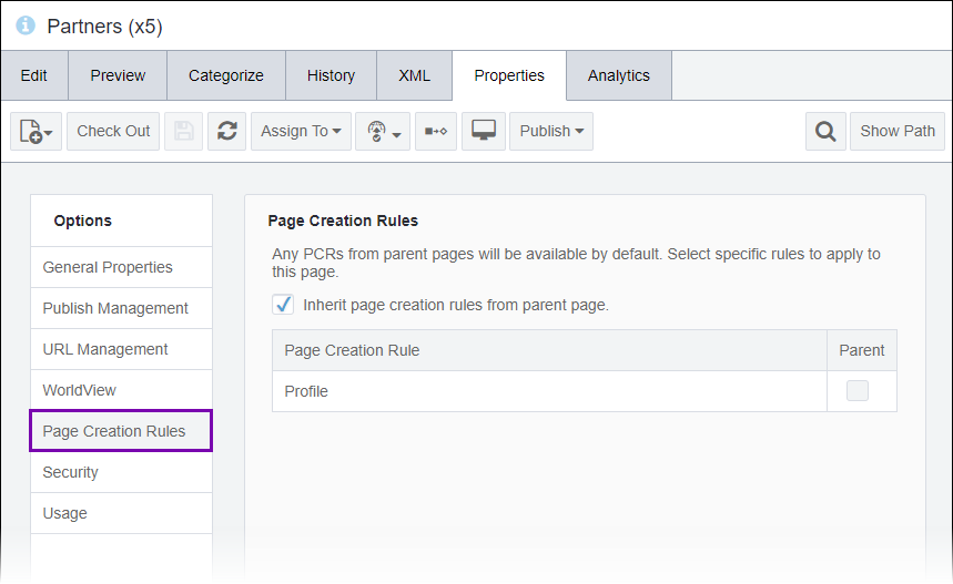 Page Creation Rules via Site Toolbar