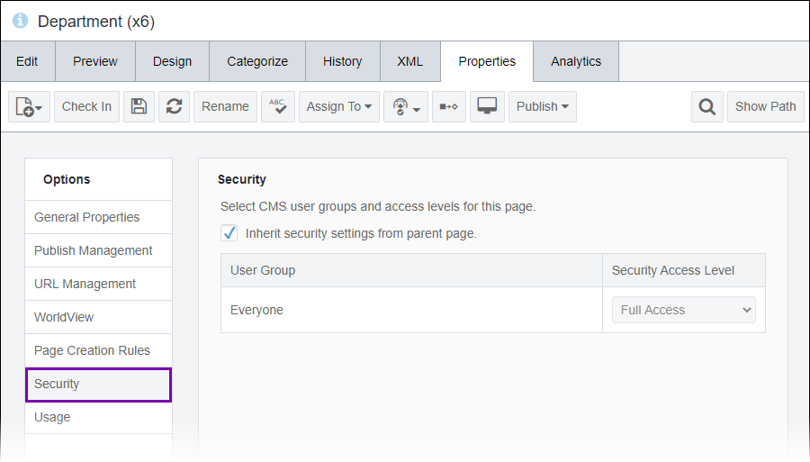Content Item Security via Site Toolbar
