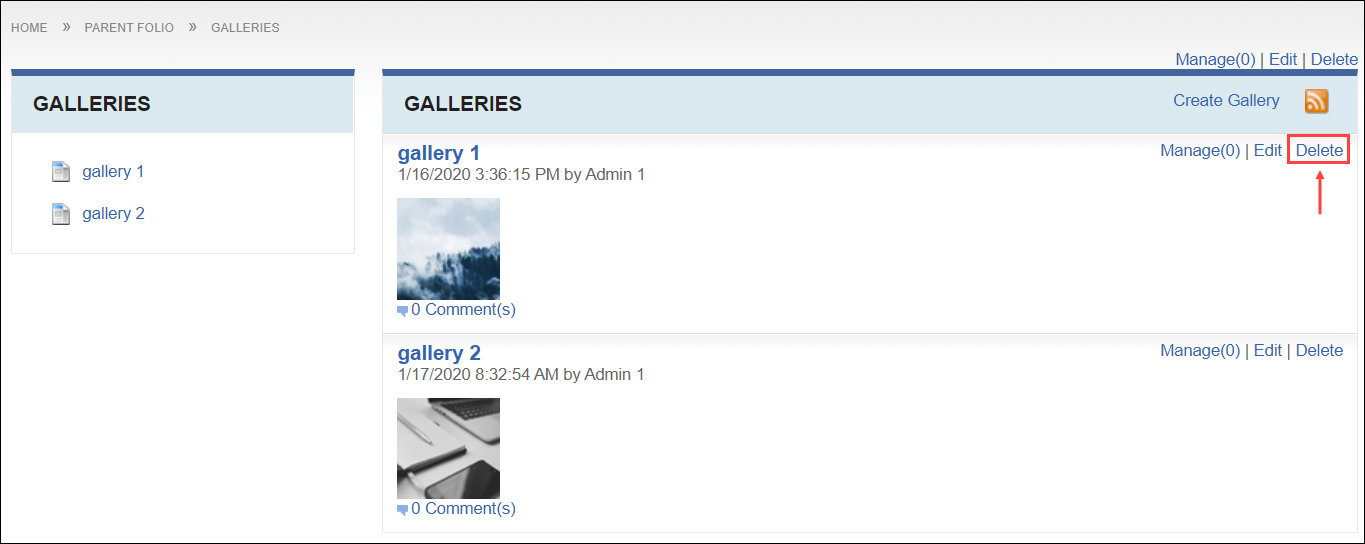 Delete Gallery via Galleries Module