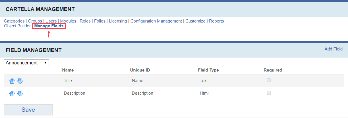 Manage Fields View in Settings