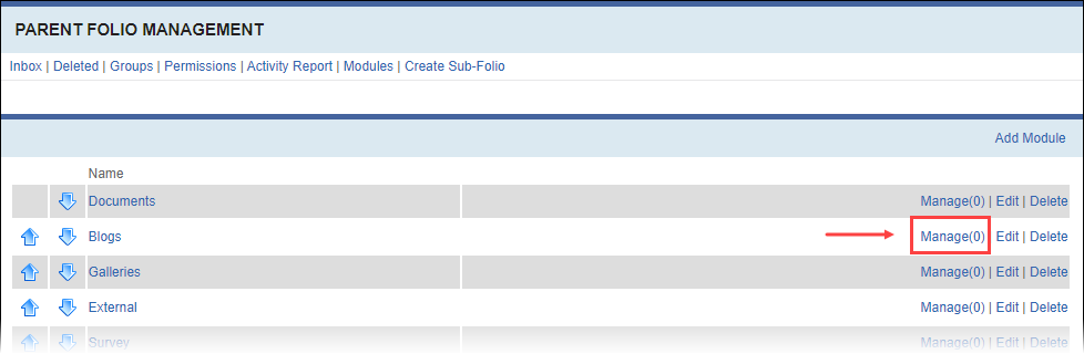 Modules Management View in a Folio