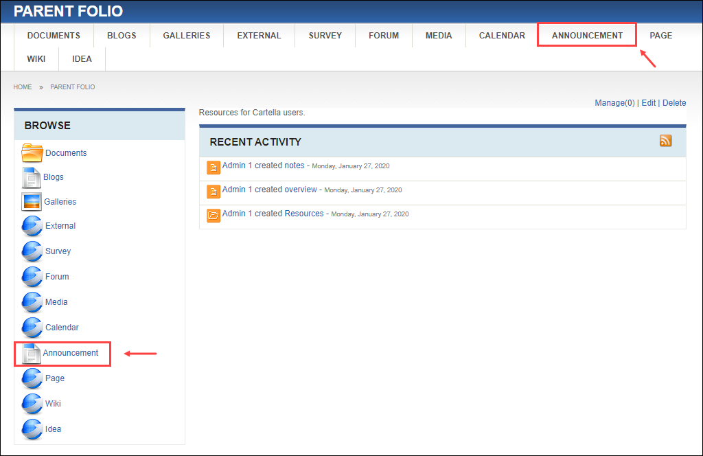 Navigate to Announcement Module View