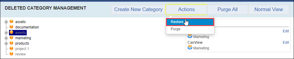 Restore Category via Actions Button