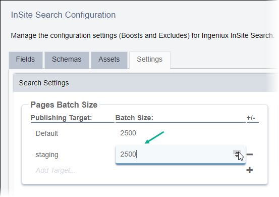 InSite Search Configuration Page Batch Size Field Value 