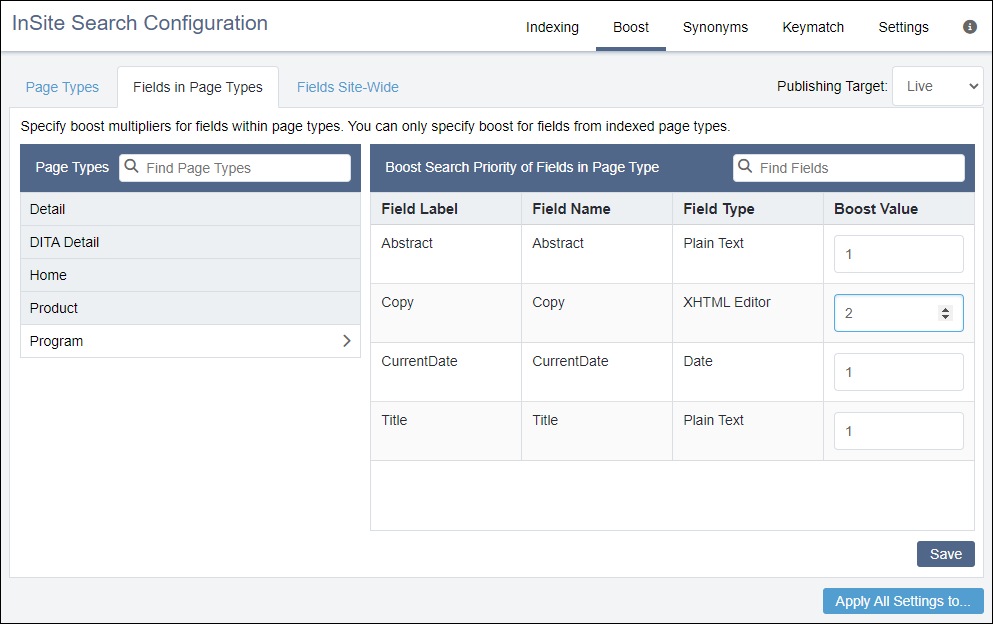 InSite Search > Boost > Fields in Page Types