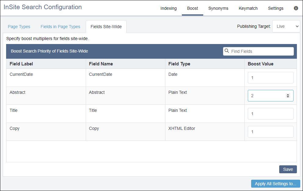 InSite Search > Boost > Fields Site-Wide