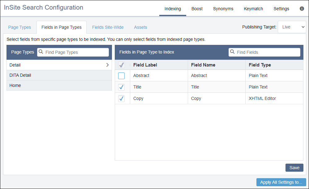 InSite Search > Indexing > Fields in Page Types Tab