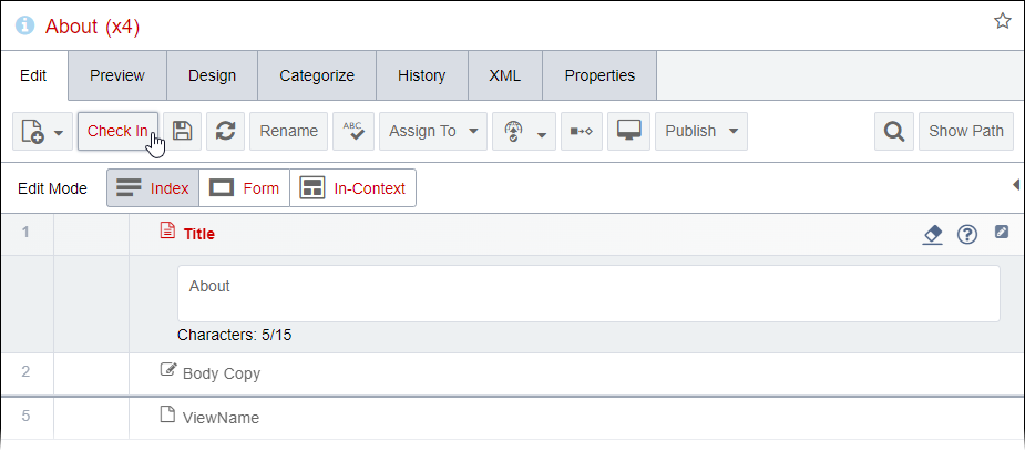 Main Pane Content Item Title, Toolbar Button Text, and Selected Element Field
                    Titles (T1)
