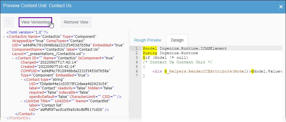 View Versioning via Preview Content Unit View Dialog Toolbar