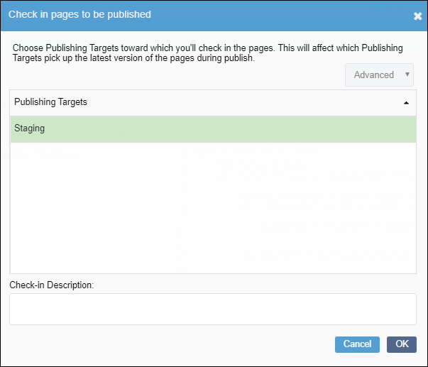 Check In Pages to be Published Dialog