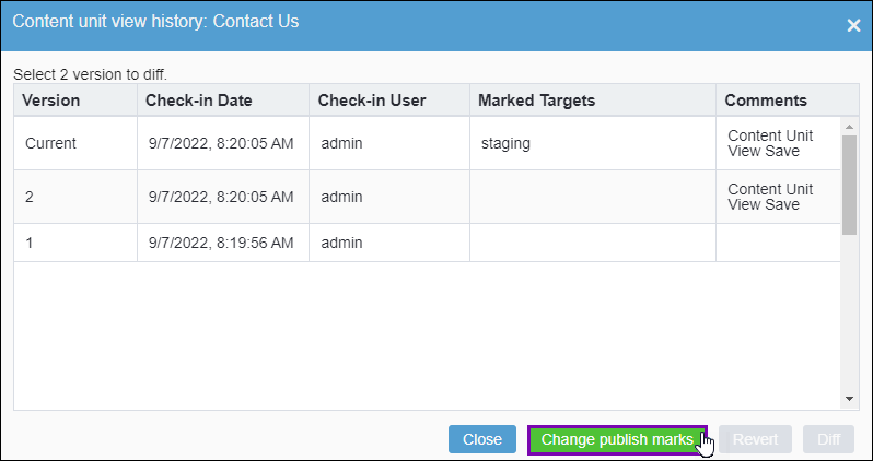 Change Publish Marks via Content Unit History Dialog