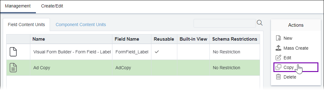 Copy Field Content Unit in Management Screen