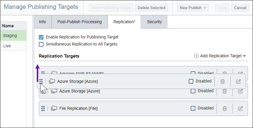 Click Dots to Reorder Replication Target
