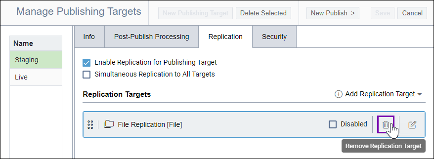 CMS 10.6 Remove Replication Target