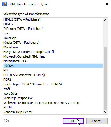 DITA Transformation Type Dialog