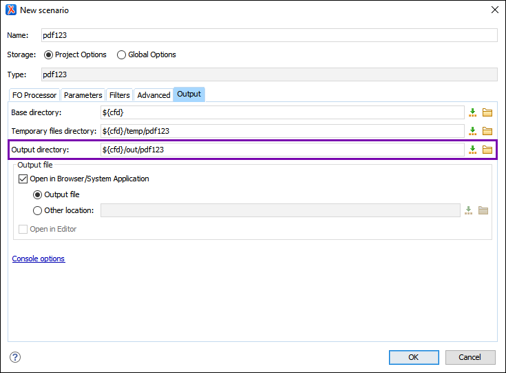 Output Tab in New Scenario Dialog