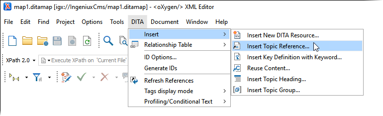 Insert Topic Reference via Oxygen XML Editor Toolbar