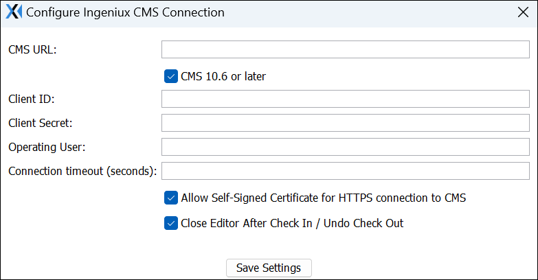 Configure Ingeniux CMS Connection Dialog